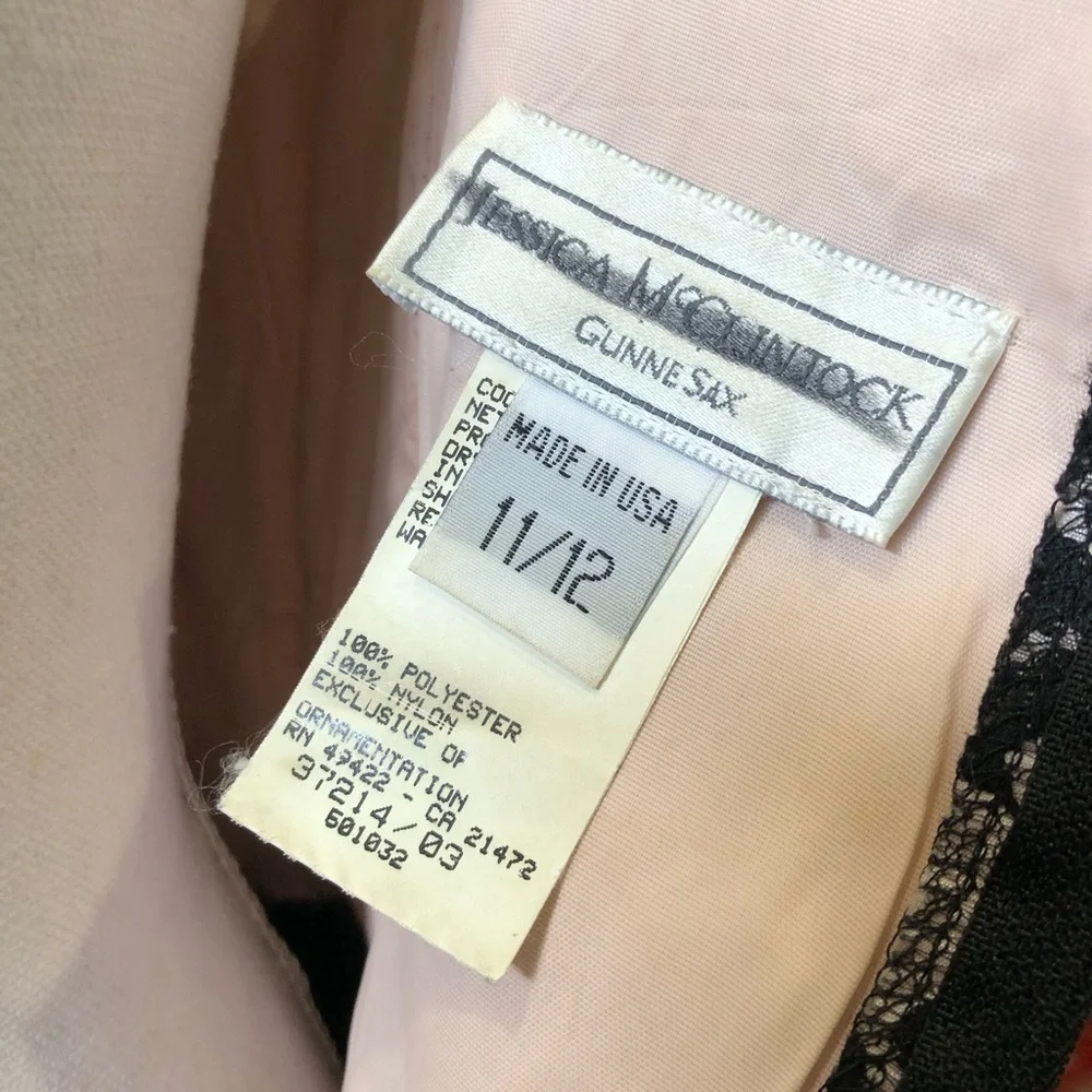 Gunne Sax Blush Pink and Black Lace Evening Dress
